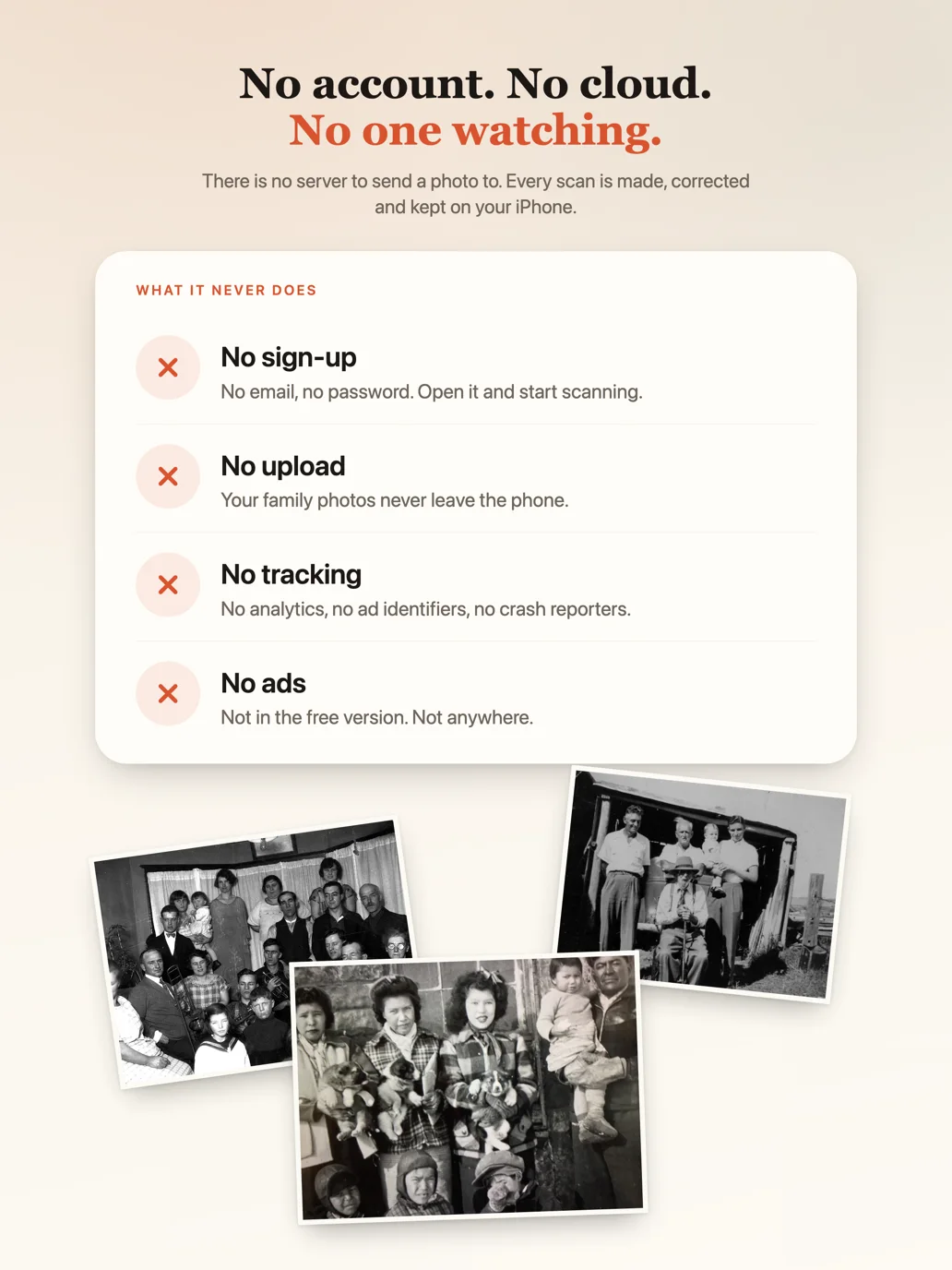 No sign-up, no upload, no tracking, no ads