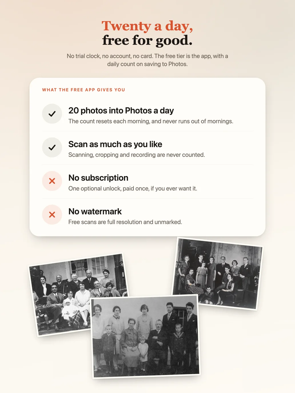 Twenty photos into Photos a day, free, with no subscription