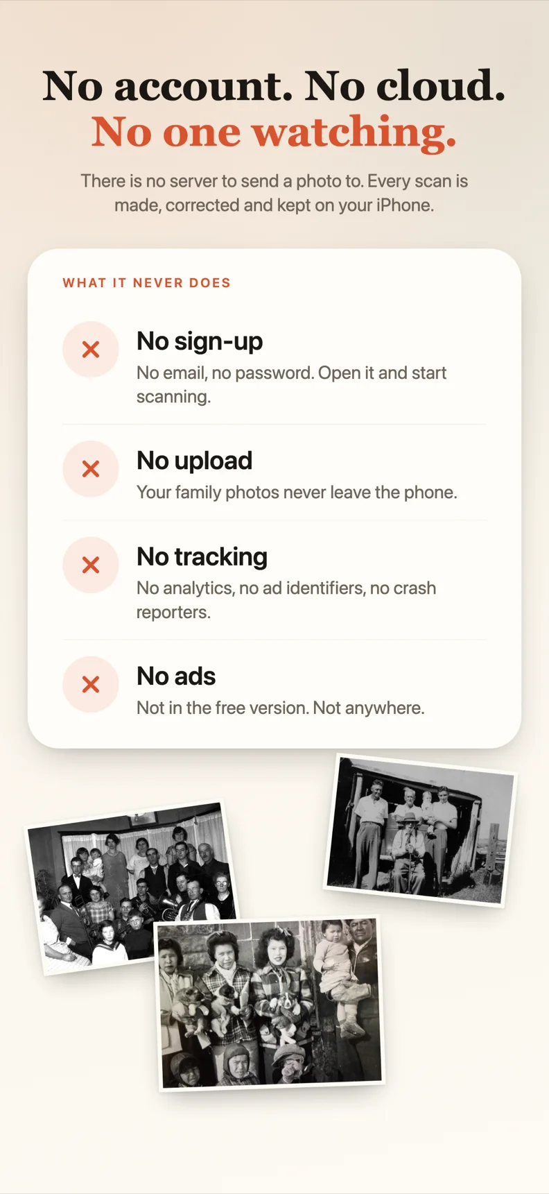 No sign-up, no upload, no tracking, no ads