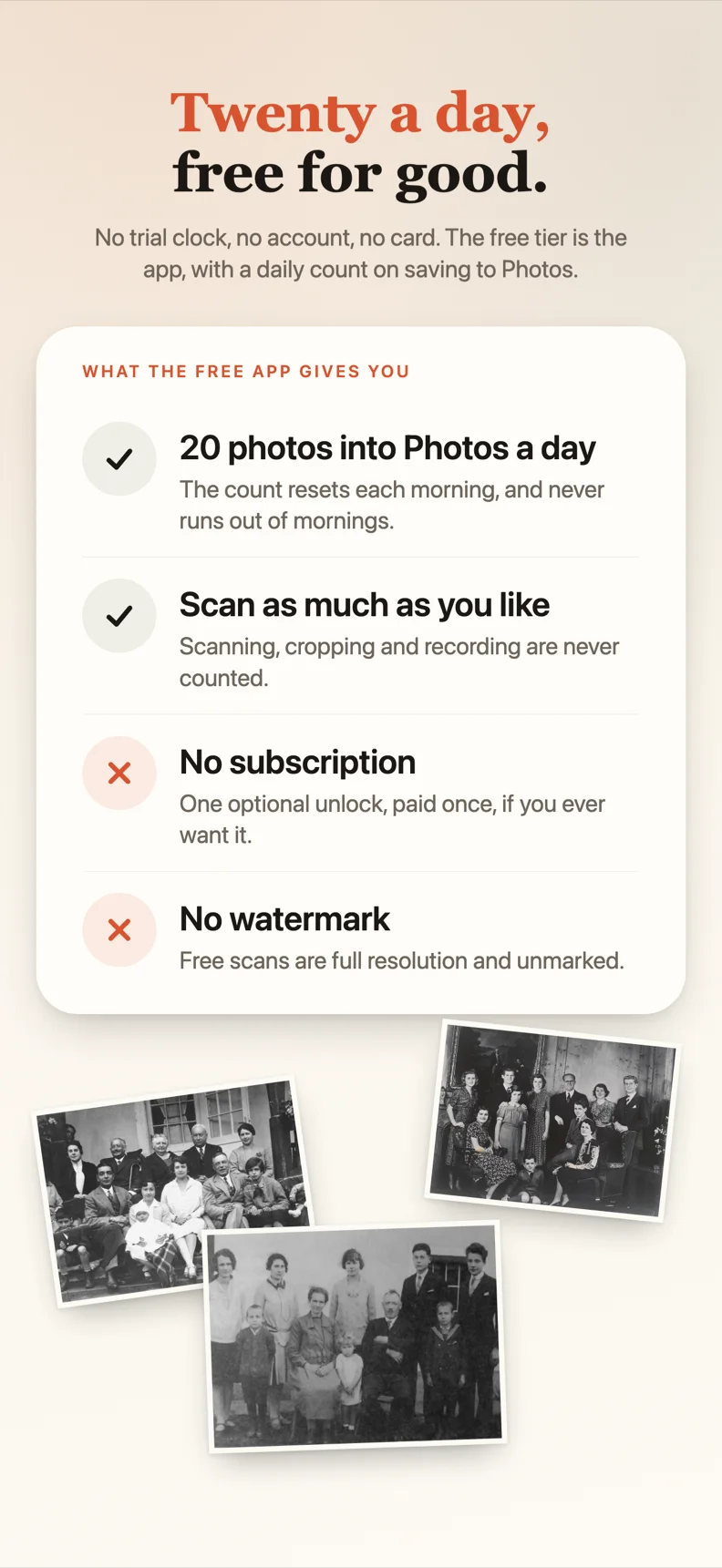 Twenty photos into Photos a day, free, with no subscription